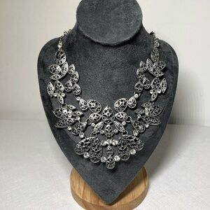 Silver-tone Statement Necklace. Crystal accents.